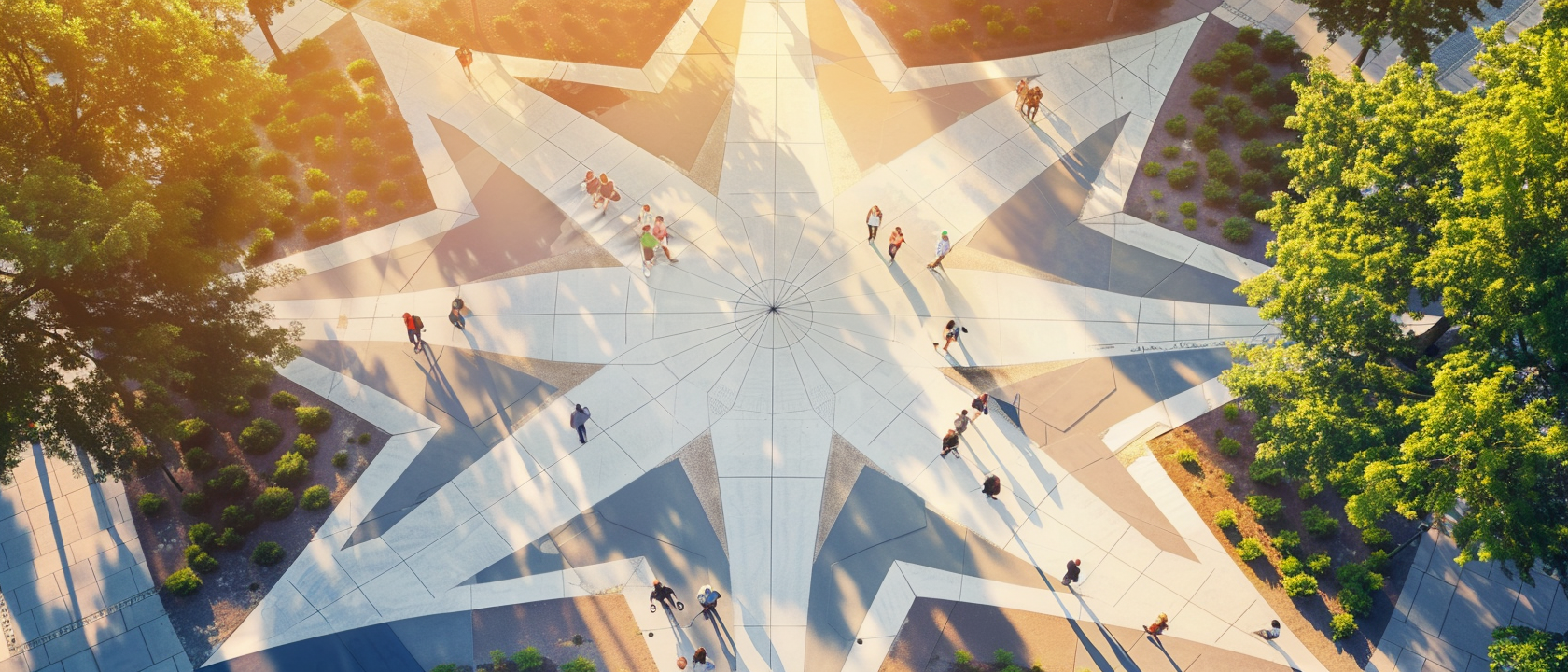 Aerial view of people converging on a star-shaped plaza